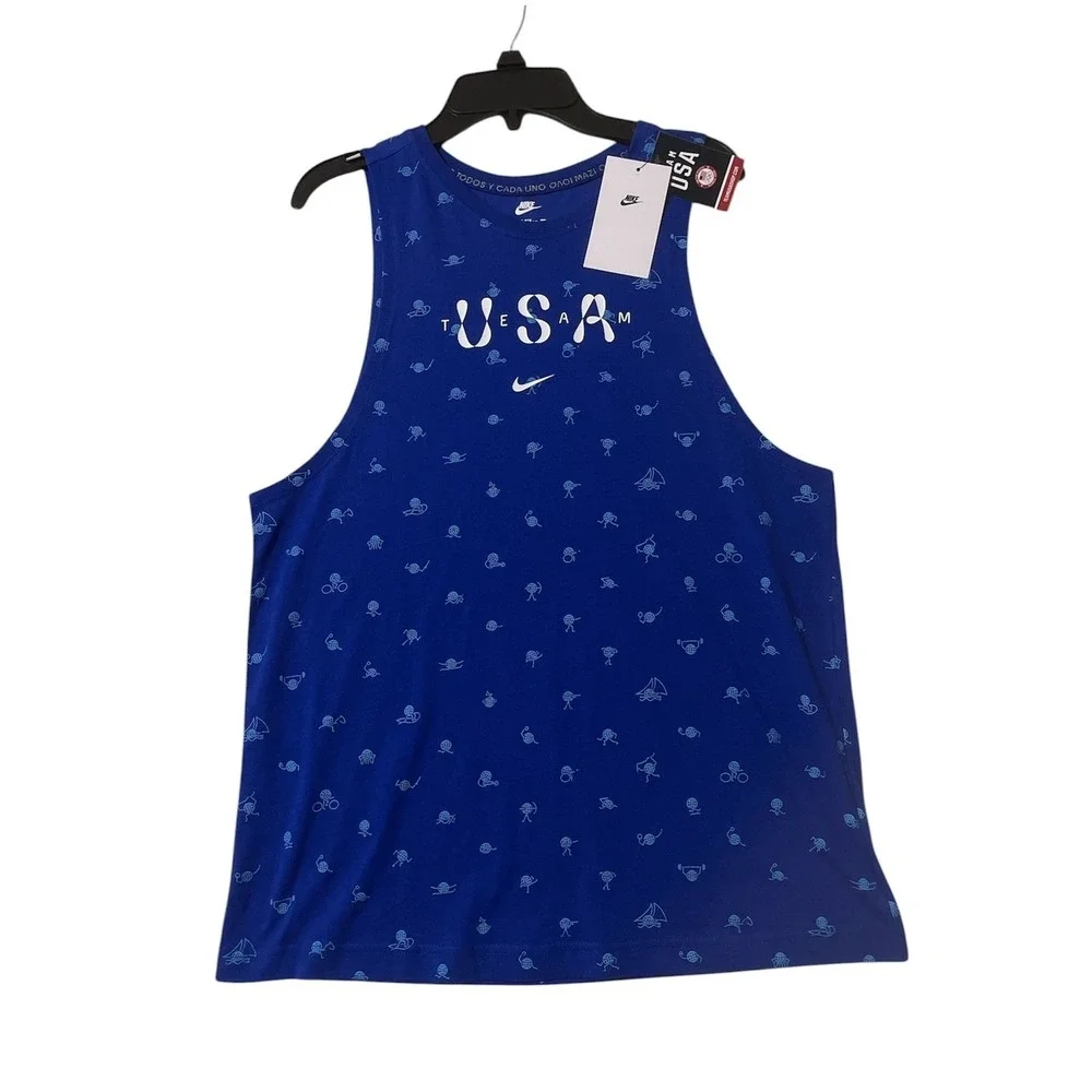 Nike Team USA Olympic Muscle Tank Top Women Medium Blue White All Over Print New